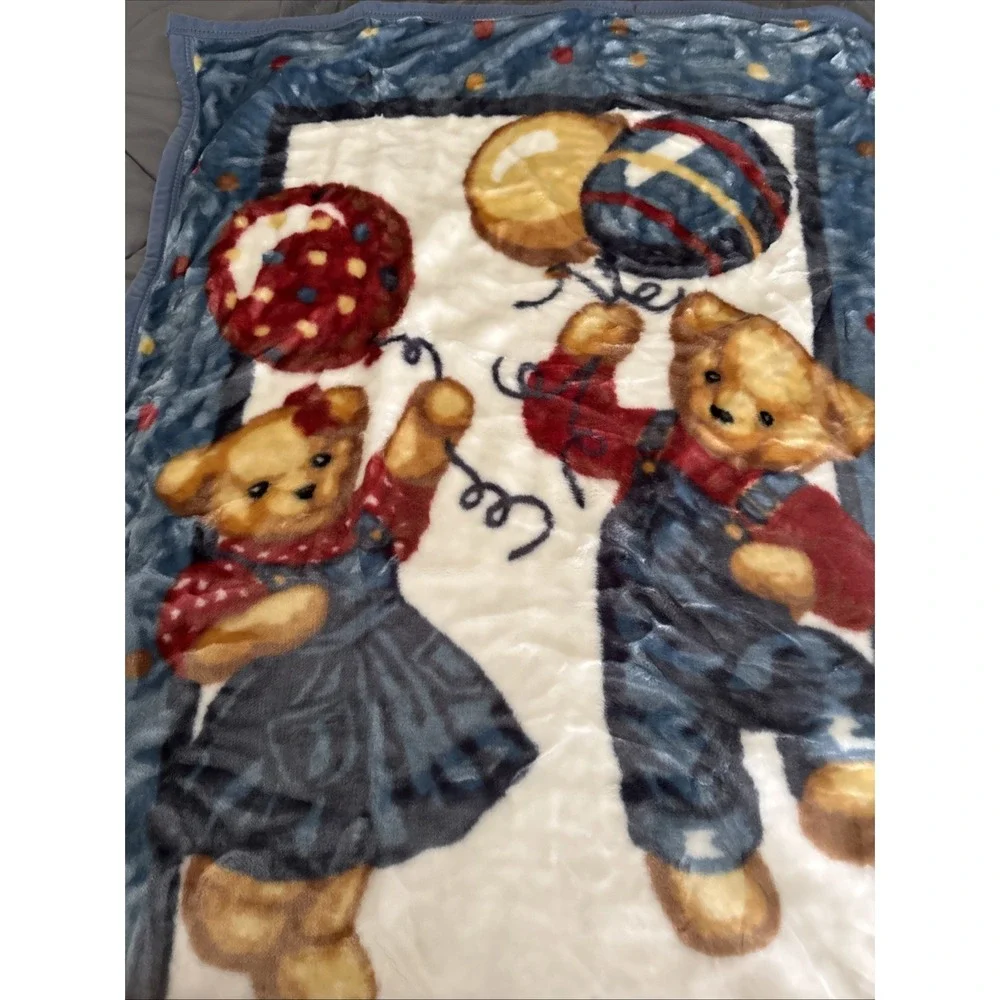 Blue Jean Teddy Bear Plush Fleece Baby Blanket Balloons Boy Girl 45X30 NIB